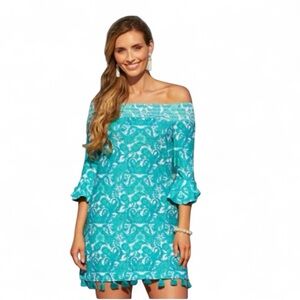 Cabana Life UPF 50 Women's Off-Shoulder Turquoise Resort Mini Dress Beach NEW